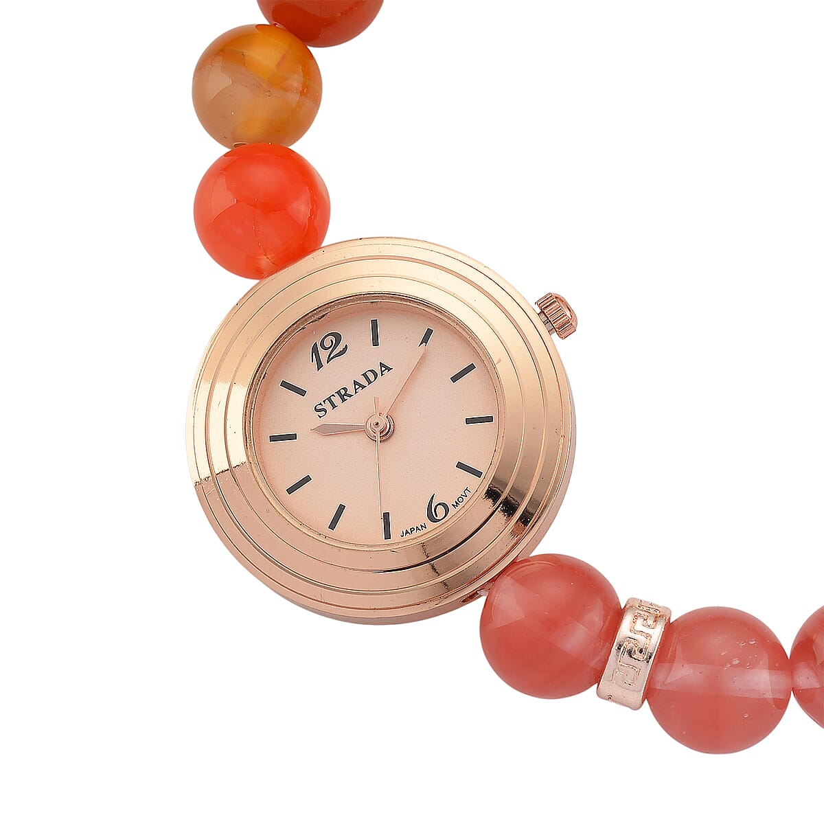Strada Cherry Quartz and Orange Color Agate Japanese Movement Stretch Bracelet Watch with Pixiu Charm (7-7.5In) 30.00 ctw image number 4