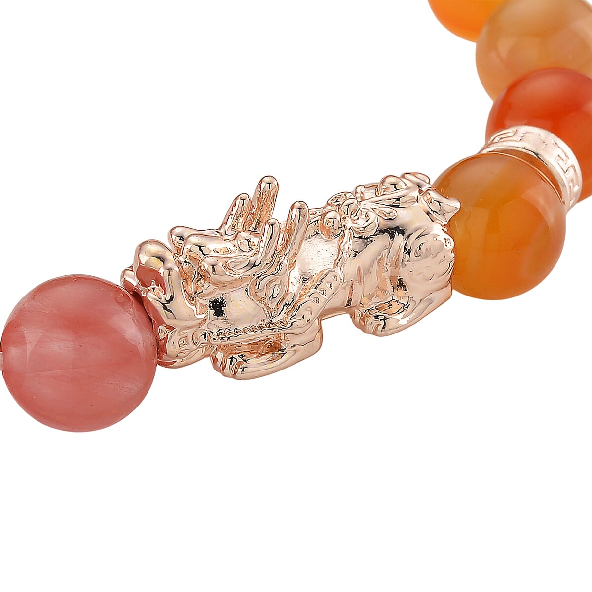 Strada Cherry Quartz and Orange Color Agate Japanese Movement Stretch Bracelet Watch with Pixiu Charm (7-7.5In) 30.00 ctw image number 6