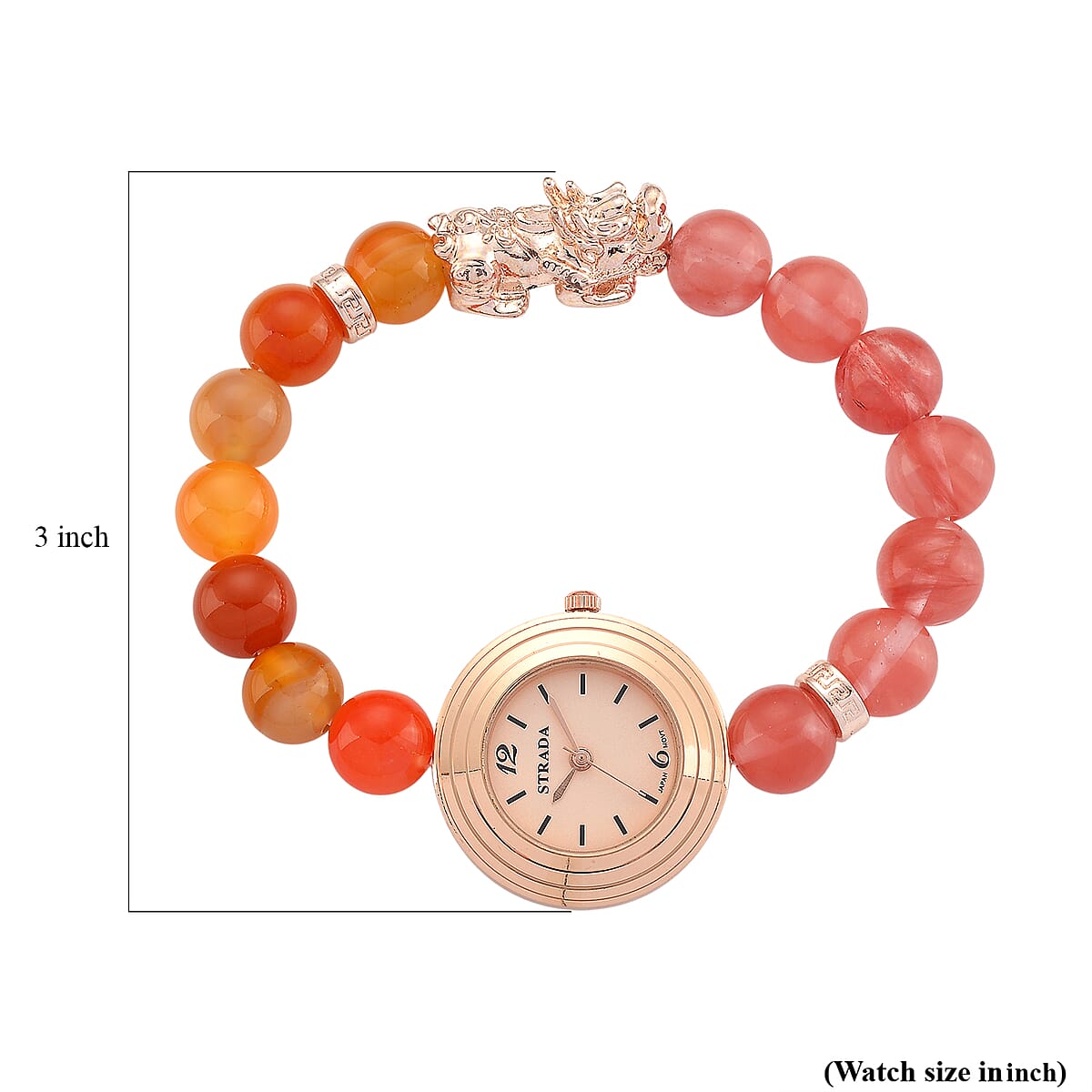 Strada Cherry Quartz and Orange Color Agate Japanese Movement Stretch Bracelet Watch with Pixiu Charm (7-7.5In) 30.00 ctw image number 7
