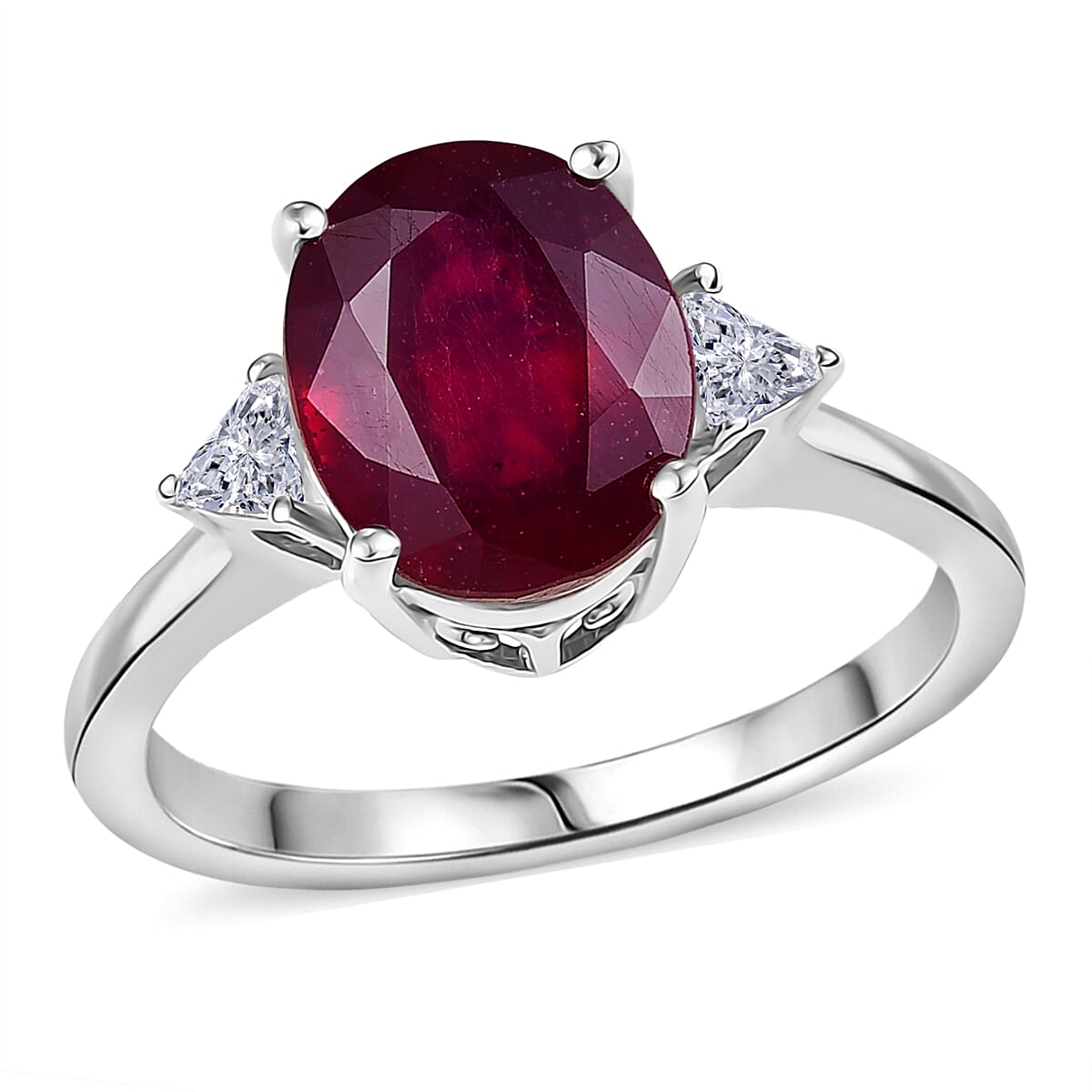 Doorbuster D'Joy Niassa Ruby (FF), Moissanite Trinity of Elegance Ring in Rhodium Over Sterling Silver (Size 10.0) 4.00 ctw