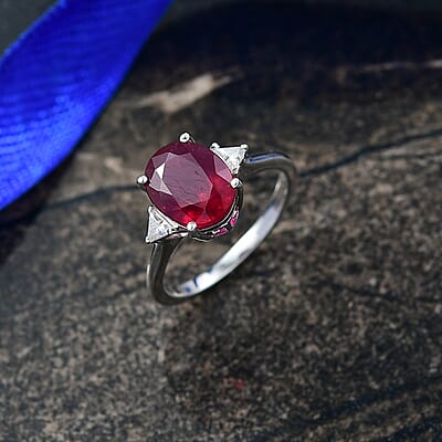 D'Joy Niassa Ruby, Moissanite Trinity Ring in Rhodium Over Sterling Silver 4.00 ctw (Size 11.0)