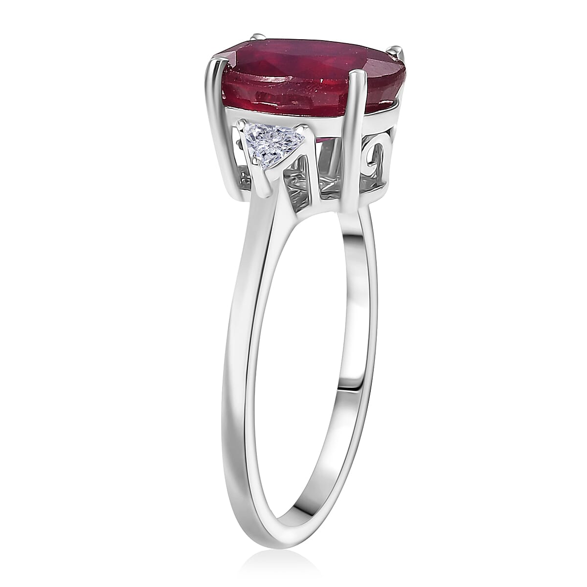 Doorbuster D'Joy Niassa Ruby (FF) and Moissanite 4.00 ctw Trinity of Elegance Ring in Rhodium Over Sterling Silver (Size 5.0) image number 3