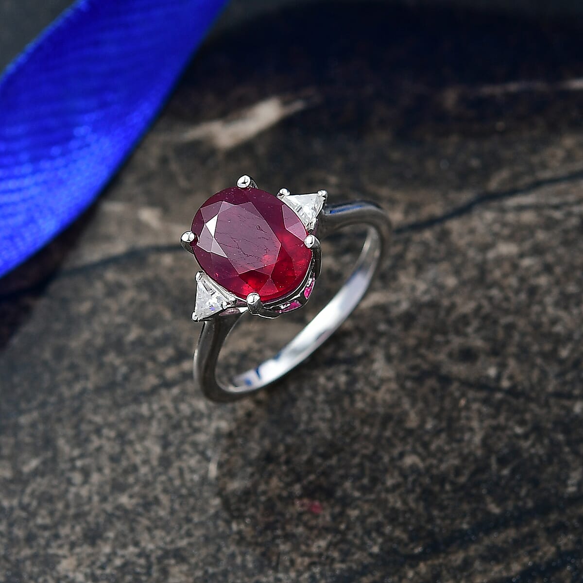 Doorbuster D'Joy Niassa Ruby (FF) and Moissanite 4.00 ctw Trinity of Elegance Ring in Rhodium Over Sterling Silver (Size 6.0) image number 1