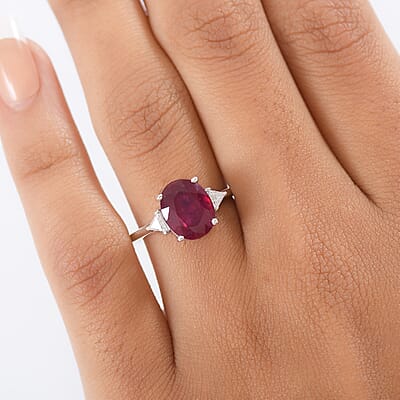  D'Joy Niassa Ruby (FF) and Moissanite 4.00 ctw Trinity of Elegance Ring in Rhodium Over Sterling Silver (Size 6.0)