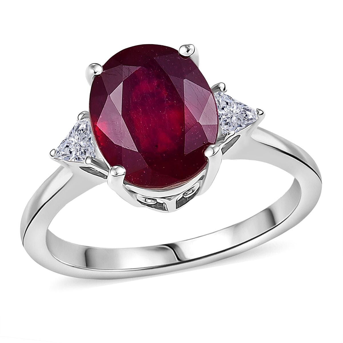Doorbuster D'Joy Niassa Ruby (FF), Moissanite Trinity of Elegance Ring in Rhodium Over Sterling Silver (Size 10.0) 4.00 ctw image number 0