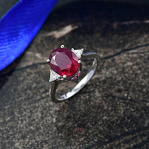 D'Joy Niassa Ruby, Moissanite Trinity Ring in Rhodium Over Sterling Silver 4.00 ctw (Size 7.0)