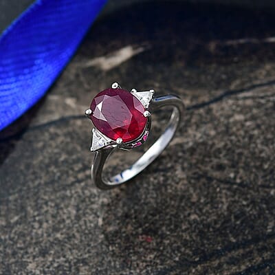 D'Joy Niassa Ruby, Moissanite Trinity Ring in Rhodium Over Sterling Silver 4.00 ctw (Size 7.0)