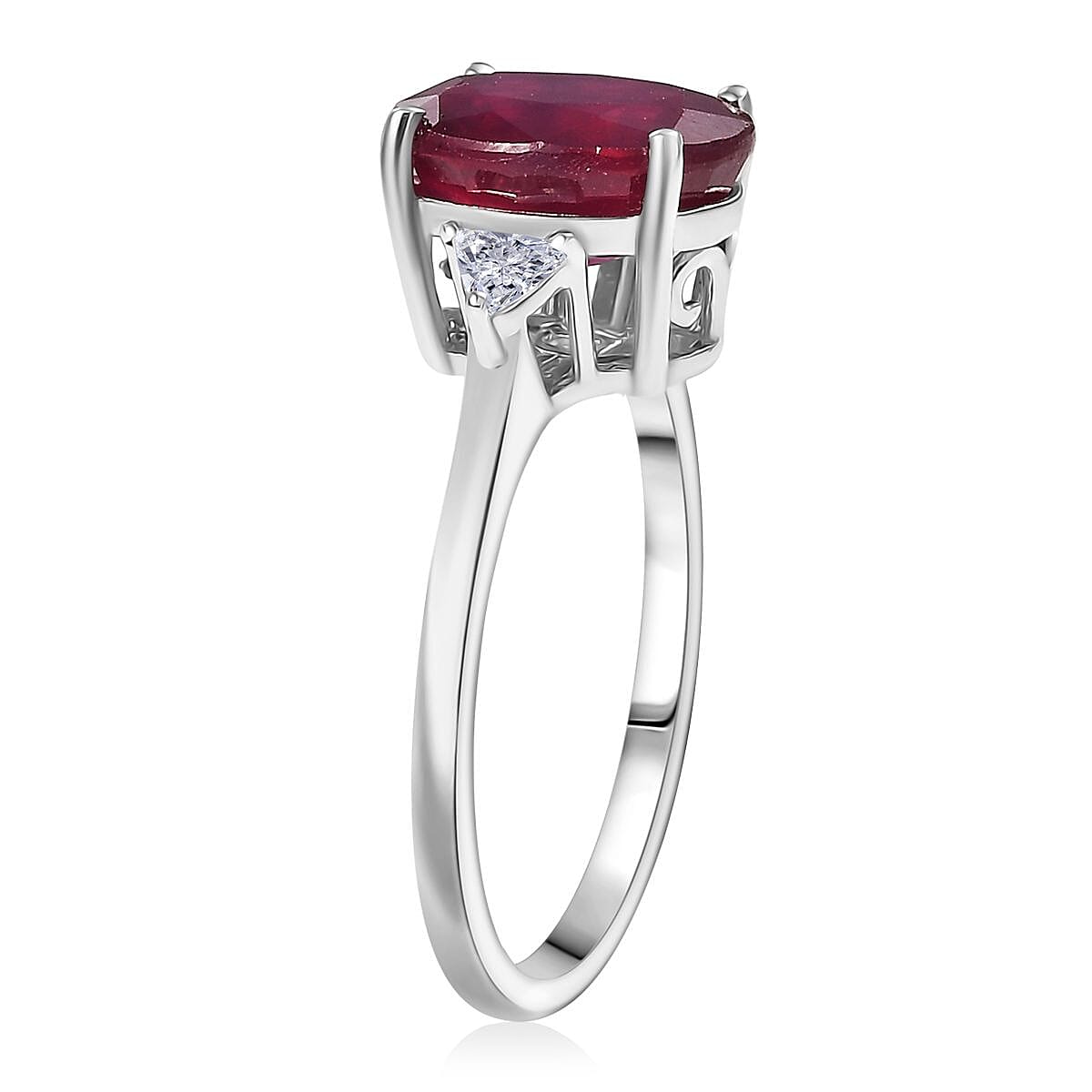 Doorbuster D'Joy Niassa Ruby (FF), Moissanite Trinity of Elegance Ring in Rhodium Over Sterling Silver (Size 10.0) 4.00 ctw image number 3