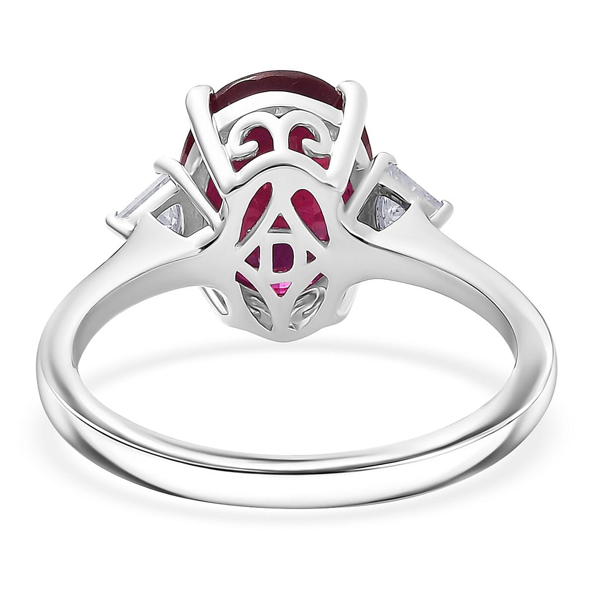 Doorbuster D'Joy Niassa Ruby (FF), Moissanite Trinity of Elegance Ring in Rhodium Over Sterling Silver (Size 10.0) 4.00 ctw image number 4