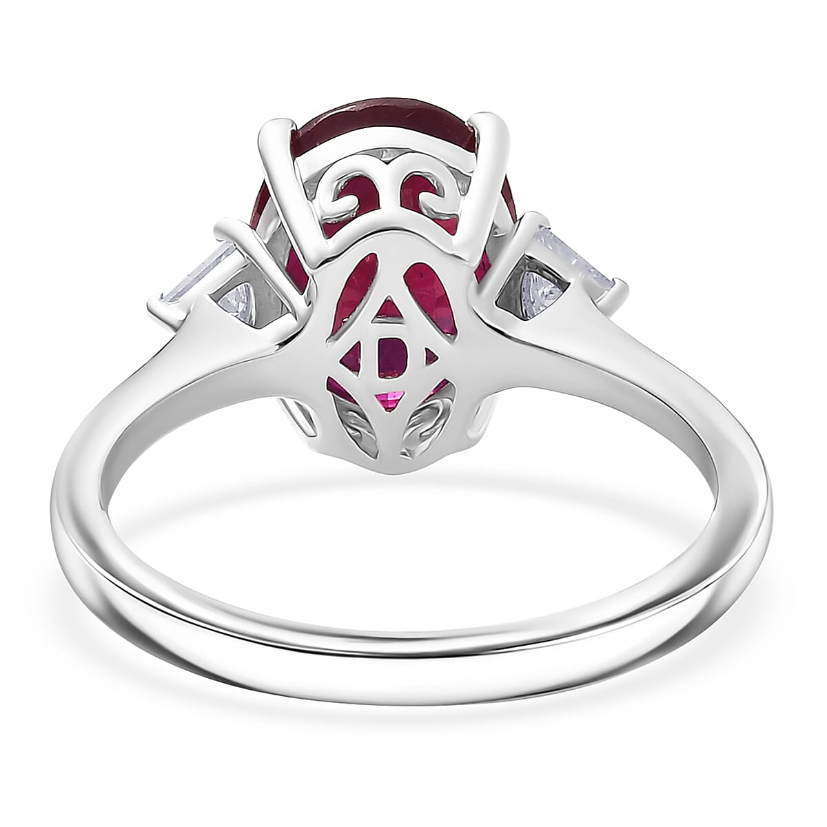 Doorbuster D'Joy Niassa Ruby (FF) and Moissanite 4.00 ctw Trinity of Elegance Ring in Rhodium Over Sterling Silver (Size 9.0) image number 4