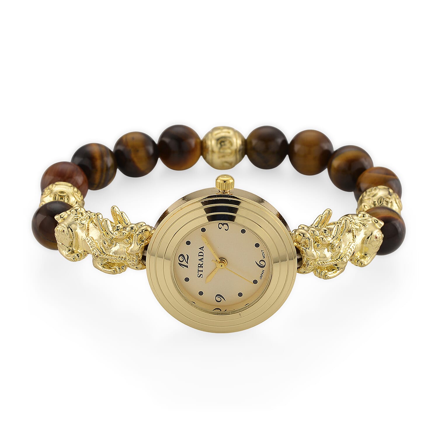Strada Yellow Tigers Eye and Black Obsidian Japanese Movement Stretch Bracelet Watch with Pixiu Charm (7-7.5In) 30.00 ctw
