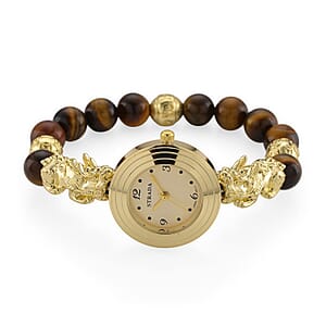 Strada Yellow Tigers Eye Japanese Movement Beaded Stretch Bracelet Watch with 2pcs Pixiu Charm (7-7.5In) in Goldtone 30.00 ctw