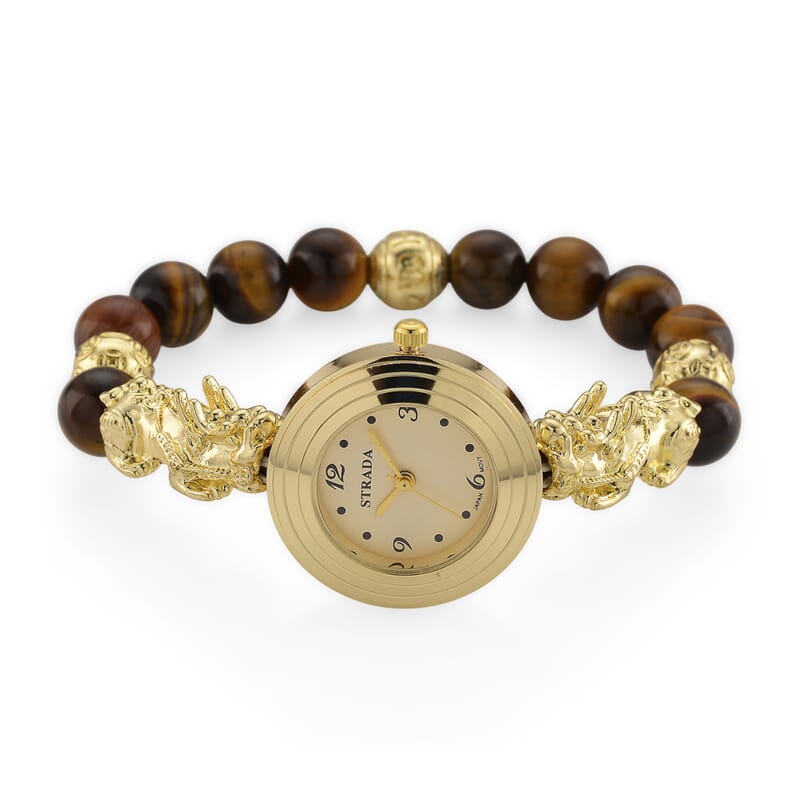 Strada Yellow Tigers Eye Japanese Movement Beaded Stretch Bracelet Watch with 2pcs Pixiu Charm (7-7.5In) in Goldtone 30.00 ctw