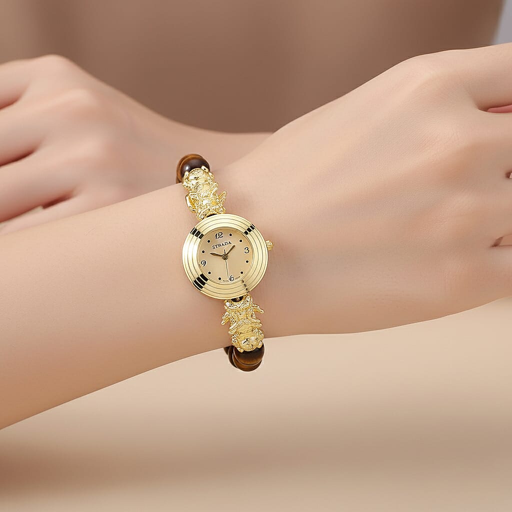 Strada Yellow Tigers Eye Japanese Movement Beaded Stretch Bracelet Watch with 2pcs Pixiu Charm (7-7.5In) in Goldtone 30.00 ctw