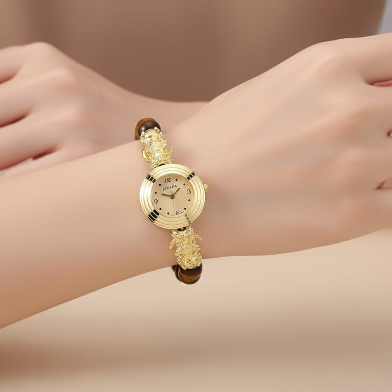 Strada Yellow Tigers Eye Japanese Movement Beaded Stretch Bracelet Watch with 2pcs Pixiu Charm (7-7.5In) in Goldtone 30.00 ctw