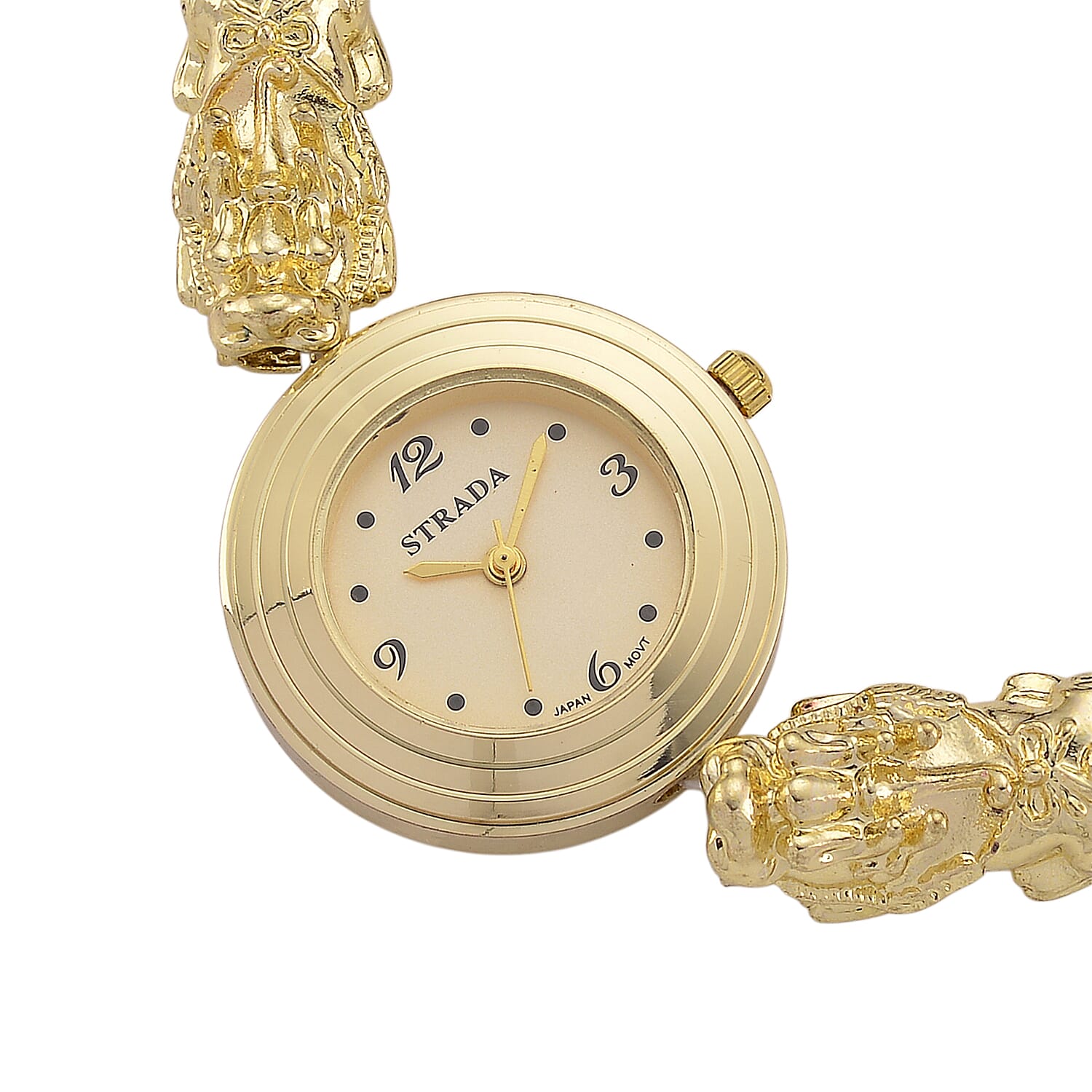 Strada Yellow Tigers Eye Japanese Movement Beaded Stretch Bracelet Watch with 2pcs Pixiu Charm (7-7.5In) in Goldtone 30.00 ctw