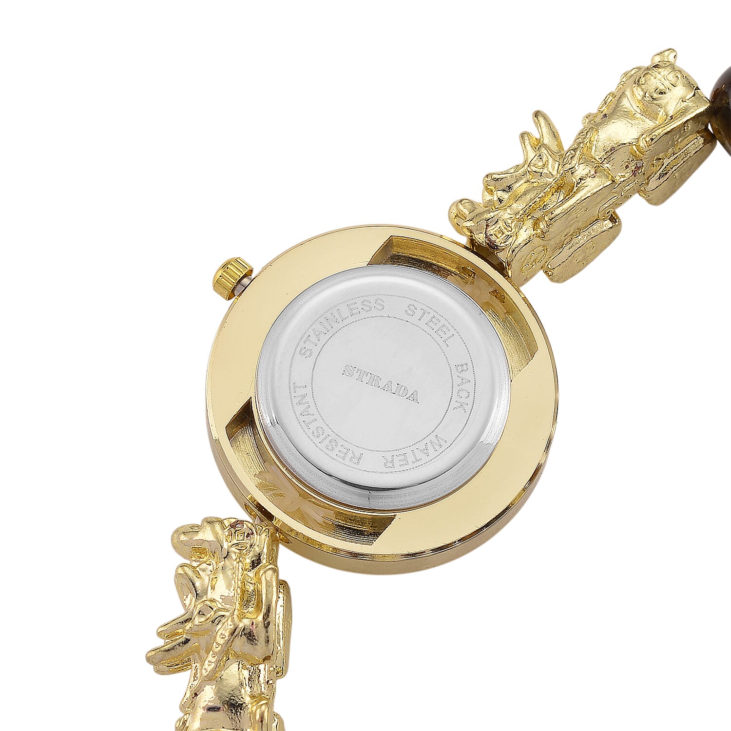 Strada Yellow Tigers Eye Japanese Movement Beaded Stretch Bracelet Watch with 2pcs Pixiu Charm (7-7.5In) in Goldtone 30.00 ctw