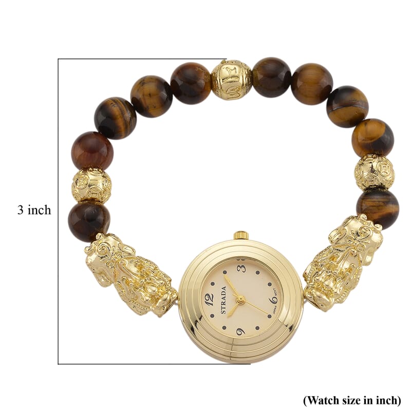 Strada Yellow Tigers Eye Japanese Movement Beaded Stretch Bracelet Watch with 2pcs Pixiu Charm (7-7.5In) in Goldtone 30.00 ctw