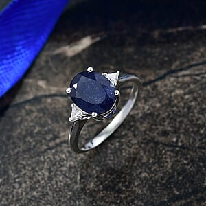 D'Joy Masoala Sapphire, Moissanite Ring in Rhodium Over Sterling Silver 4.20 ctw (Size 10.0)