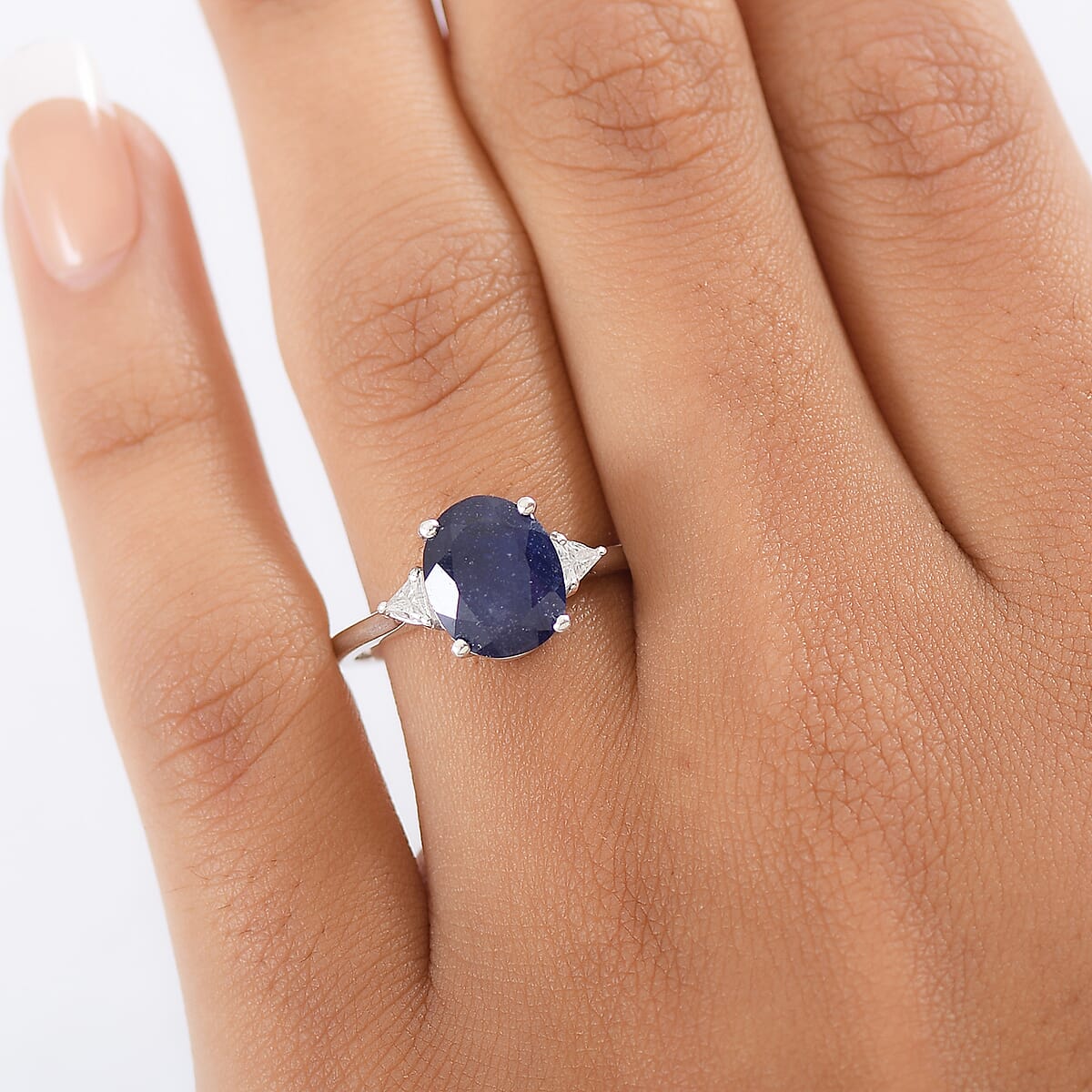Doorbuster D'Joy Masoala Sapphire (D) and Moissanite 4.20 ctw Trinity of Elegance Ring in Rhodium Over Sterling Silver (Size 10.0) image number 2