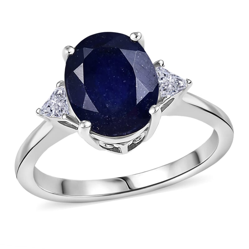 D'Joy Masoala Sapphire, Moissanite Ring in Rhodium Over Sterling Silver 4.20 ctw (Size 11.0)