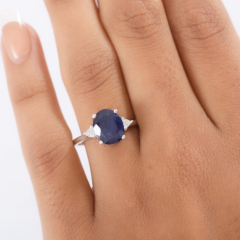 D'Joy Masoala Sapphire, Moissanite Ring in Rhodium Over Sterling Silver 4.20 ctw (Size 11.0)