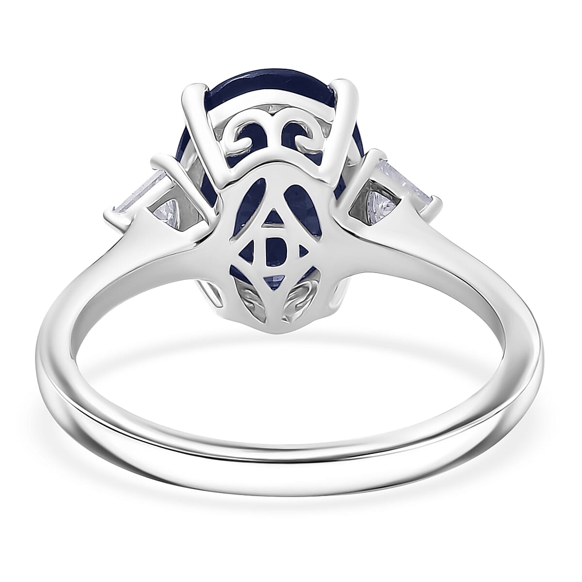 Doorbuster D'Joy Masoala Sapphire (D) and Moissanite 4.20 ctw Trinity of Elegance Ring in Rhodium Over Sterling Silver (Size 11.0) image number 4