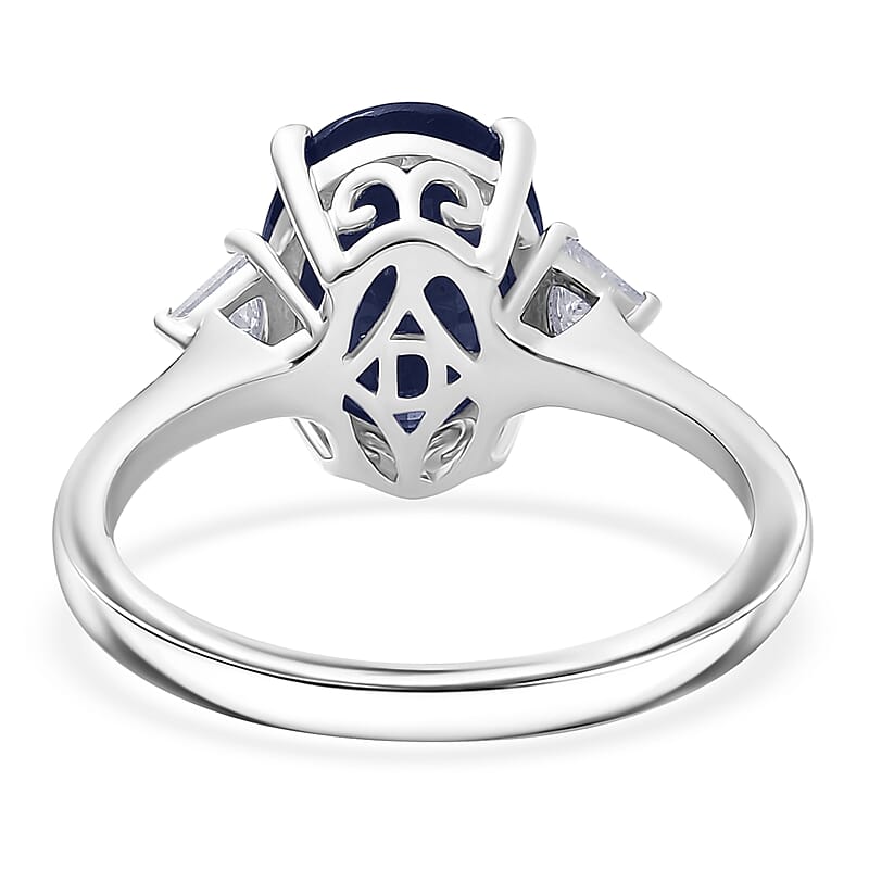 D'Joy Masoala Sapphire, Moissanite Ring in Rhodium Over Sterling Silver 4.20 ctw (Size 11.0)