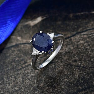  D'Joy Masoala Sapphire (D) and Moissanite 4.20 ctw Trinity of Elegance Ring in Rhodium Over Sterling Silver (Size 7.0)
