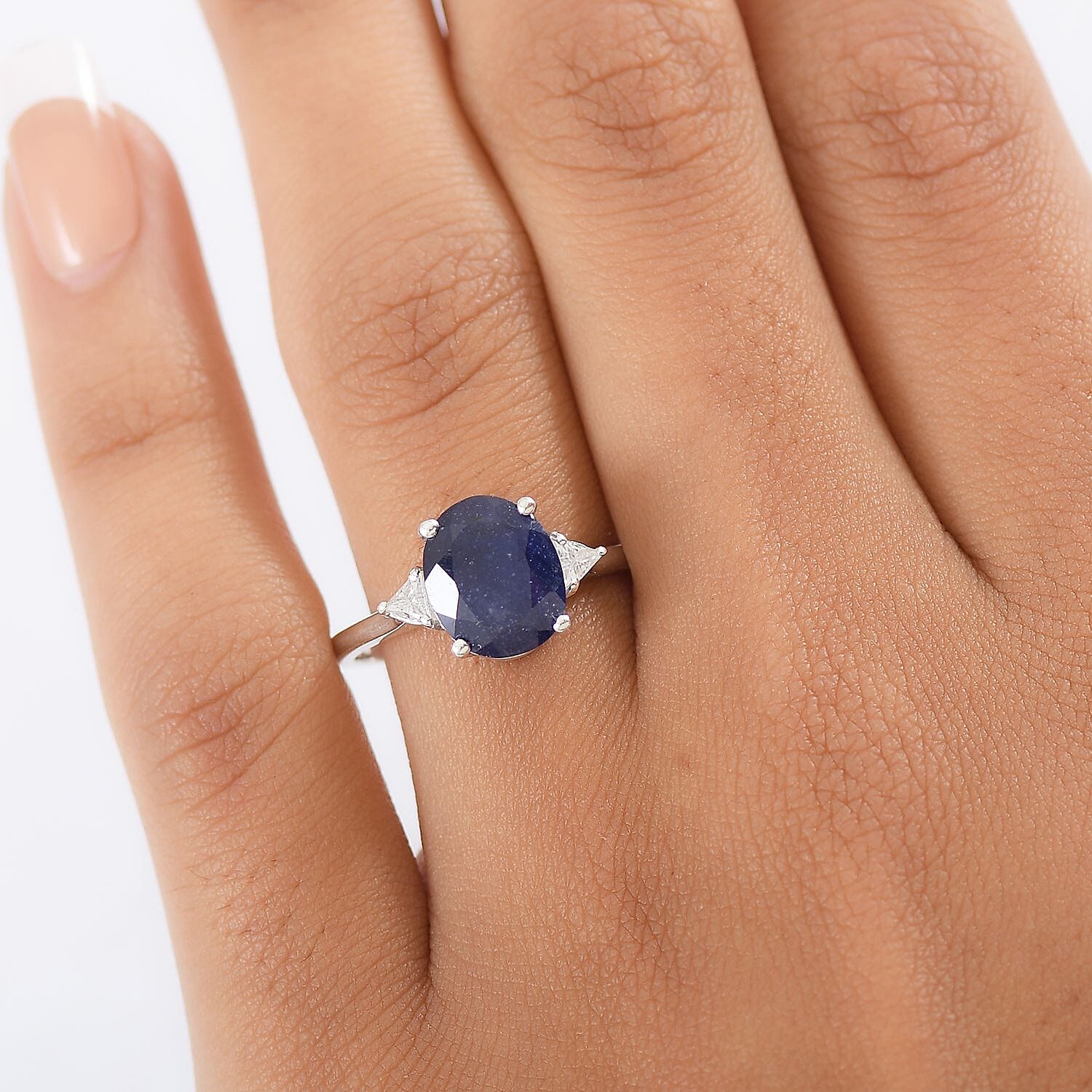 D'Joy Masoala Sapphire (D) and Moissanite 4.20 ctw Trinity of Elegance Ring in Rhodium Over Sterling Silver (Size 7.0)