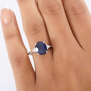  D'Joy Masoala Sapphire (D) and Moissanite 4.20 ctw Trinity of Elegance Ring in Rhodium Over Sterling Silver (Size 7.0)