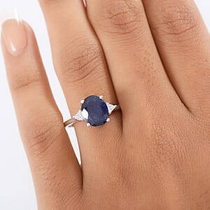 D'Joy Masoala Sapphire, Moissanite Ring in Rhodium Over Sterling Silver 4.20 ctw (Size 9.0)