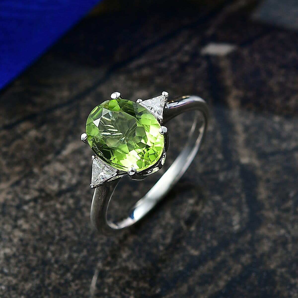 Doorbuster D'Joy Hebei Peridot and Moissanite 2.75 ctw Trinity of Elegance Ring in Rhodium Over Sterling Silver (Size 11.0) image number 1