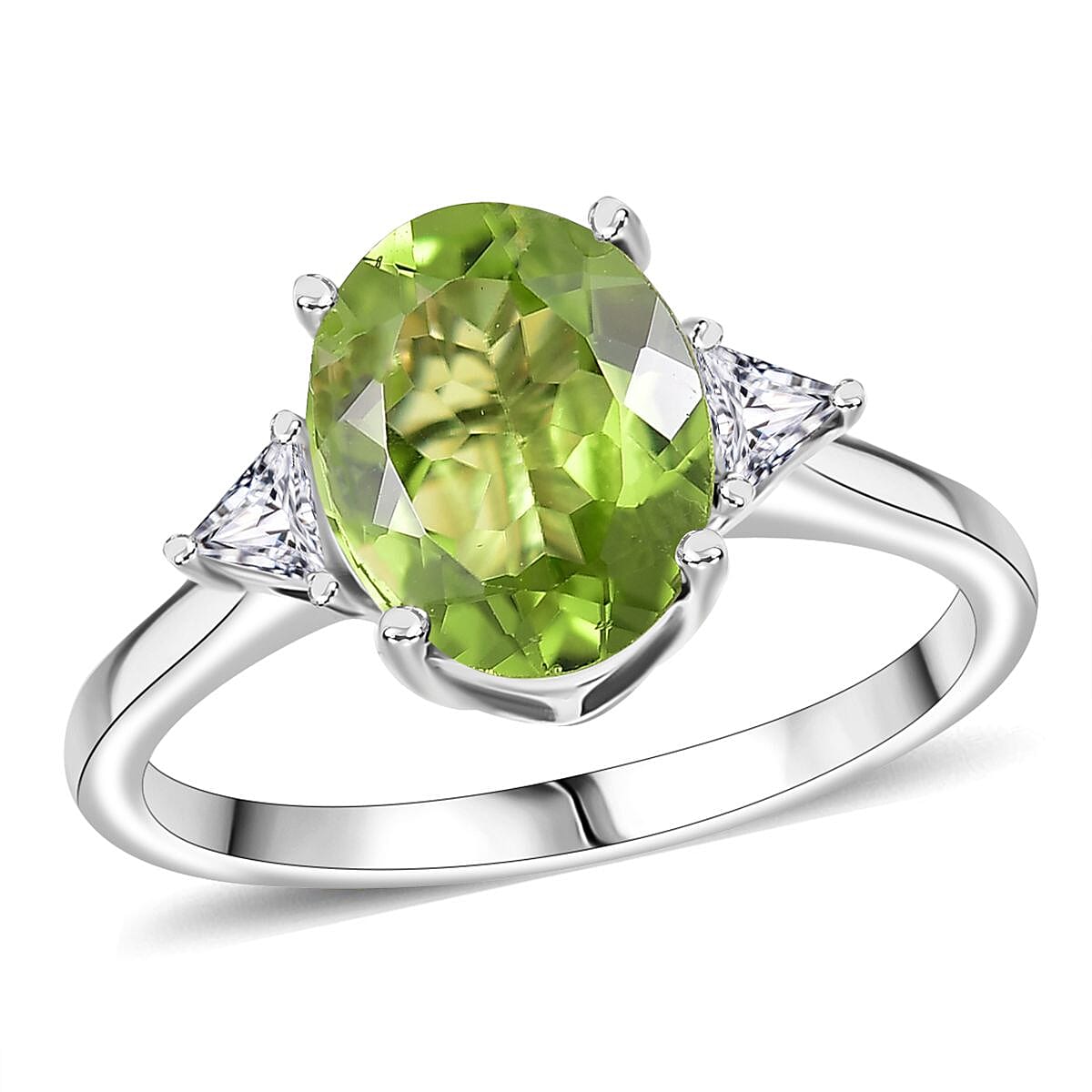 Doorbuster D'Joy Hebei Peridot and Moissanite 2.75 ctw Trinity of Elegance Ring in Rhodium Over Sterling Silver (Size 7.0) image number 0