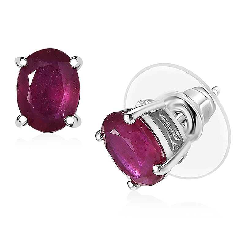 D'Joy Niassa Ruby (FF) 3.60 ctw Solitaire Stud Earrings in Rhodium Over Sterling Silver