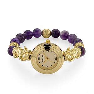 Strada African Amethyst Japanese Movement Beaded Stretch Bracelet Watch with 2pcs Pixiu Charm (7-7.5In) in Goldtone 30.00 ctw