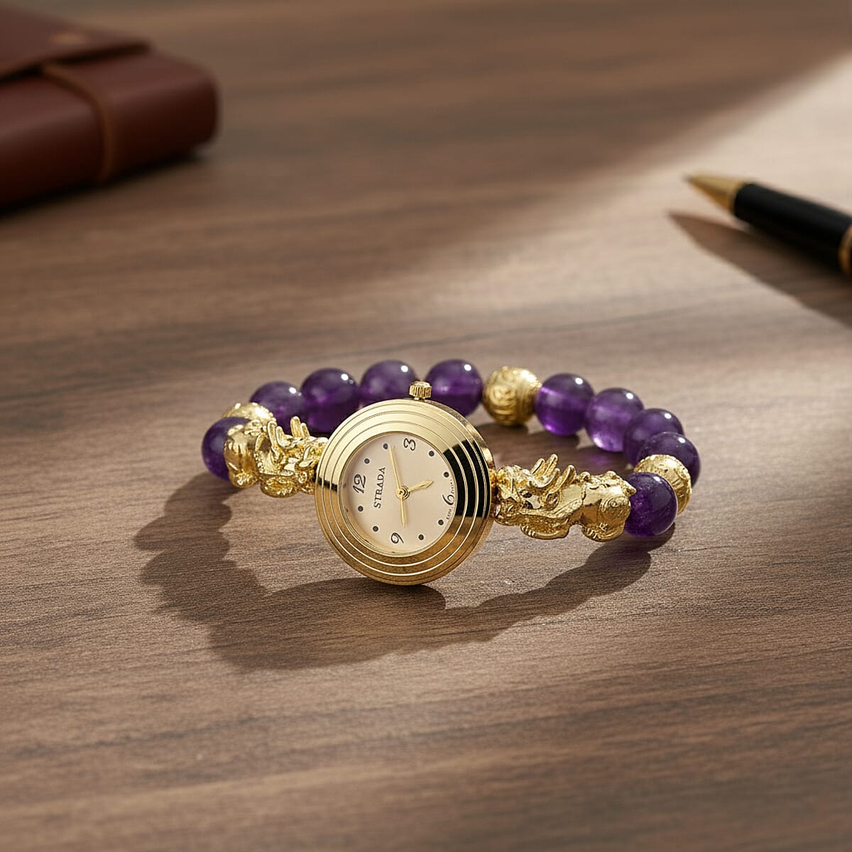 Strada African Amethyst Japanese Movement Beaded Stretch Bracelet Watch with 2pcs Pixiu Charm (7-7.5In) in Goldtone 30.00 ctw image number 1