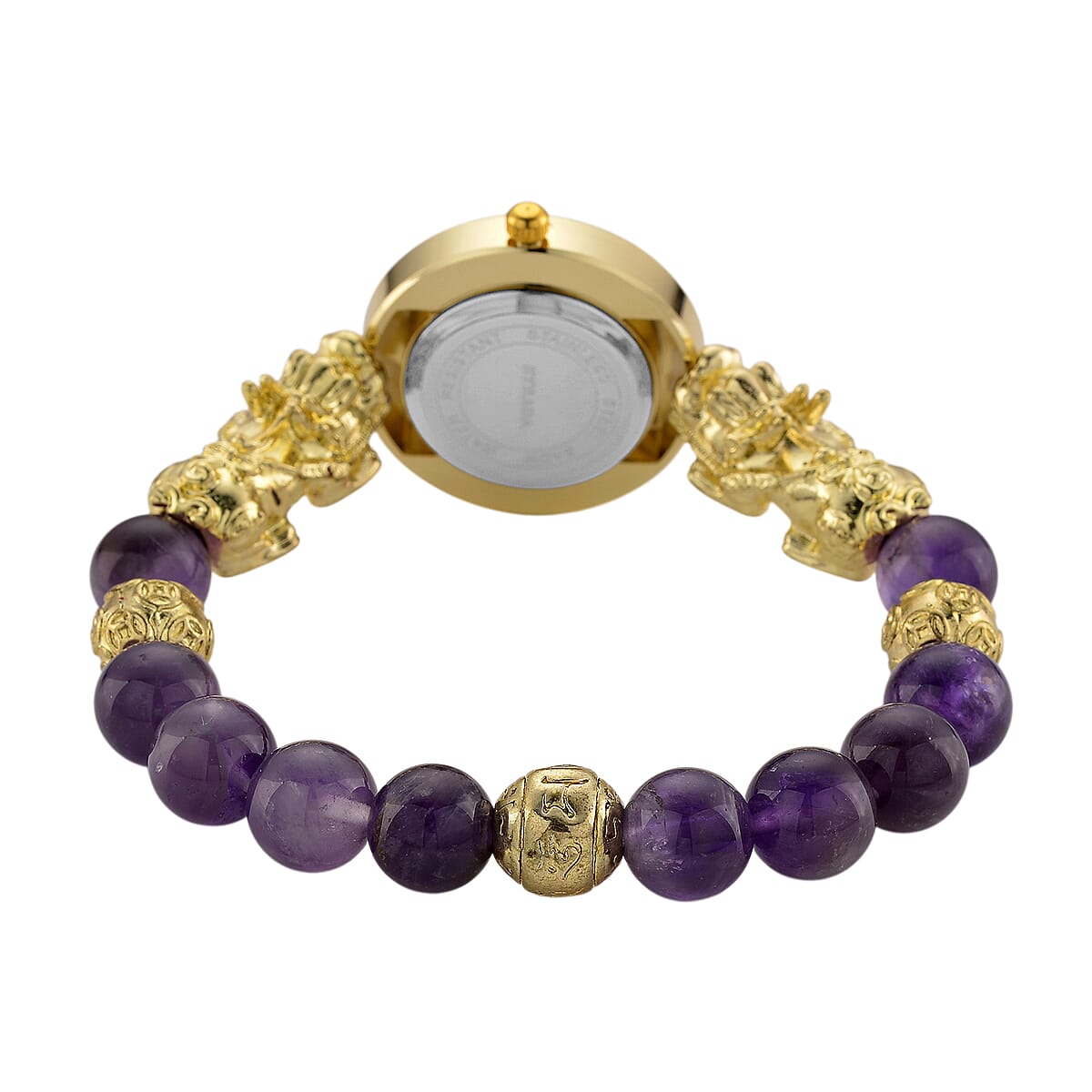 Strada African Amethyst Japanese Movement Beaded Stretch Bracelet Watch with 2pcs Pixiu Charm (7-7.5In) in Goldtone 30.00 ctw image number 3
