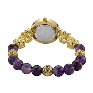 Strada African Amethyst Japanese Movement Beaded Stretch Bracelet Watch with 2pcs Pixiu Charm (7-7.5In) in Goldtone 30.00 ctw