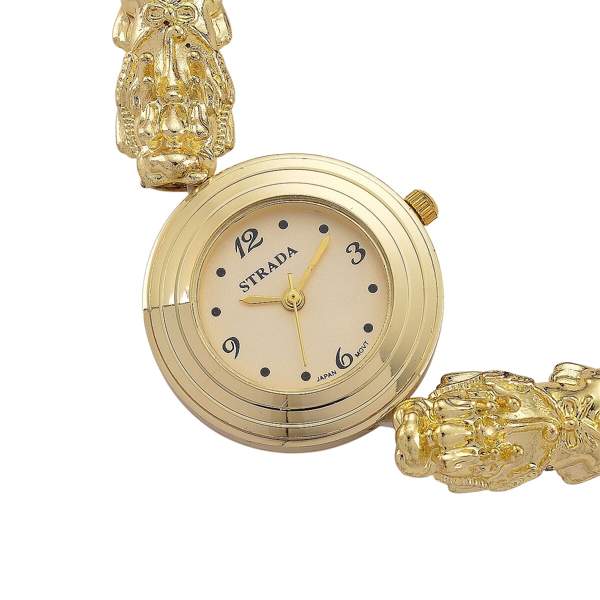 Strada African Amethyst Japanese Movement Beaded Stretch Bracelet Watch with 2pcs Pixiu Charm (7-7.5In) in Goldtone 30.00 ctw image number 4