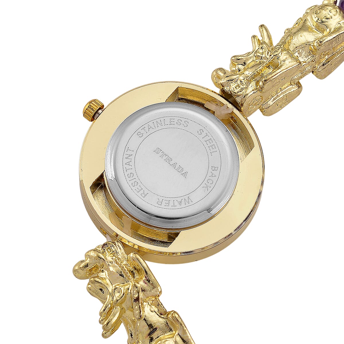 Strada African Amethyst Japanese Movement Beaded Stretch Bracelet Watch with 2pcs Pixiu Charm (7-7.5In) in Goldtone 30.00 ctw image number 5