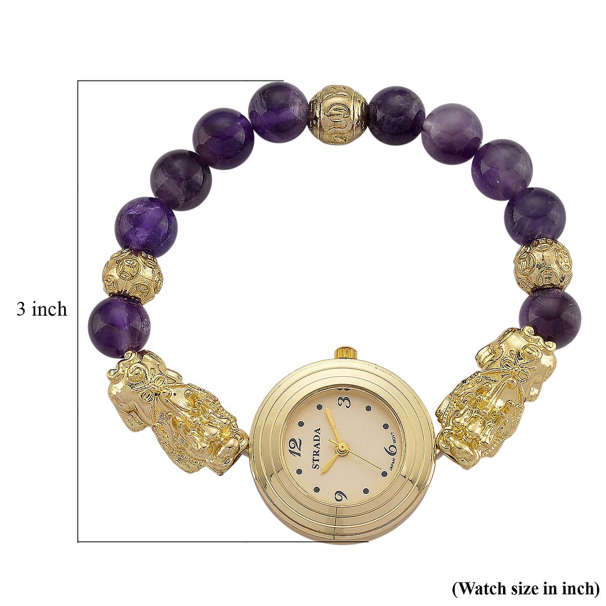 Strada African Amethyst Japanese Movement Beaded Stretch Bracelet Watch with 2pcs Pixiu Charm (7-7.5In) in Goldtone 30.00 ctw image number 7