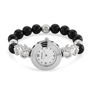 Strada Black Obsidian Japanese Movement Beaded Stretch Bracelet Watch with 2pcs Pixiu Charm (7-7.5In) in Silvertone 30.00 ctw