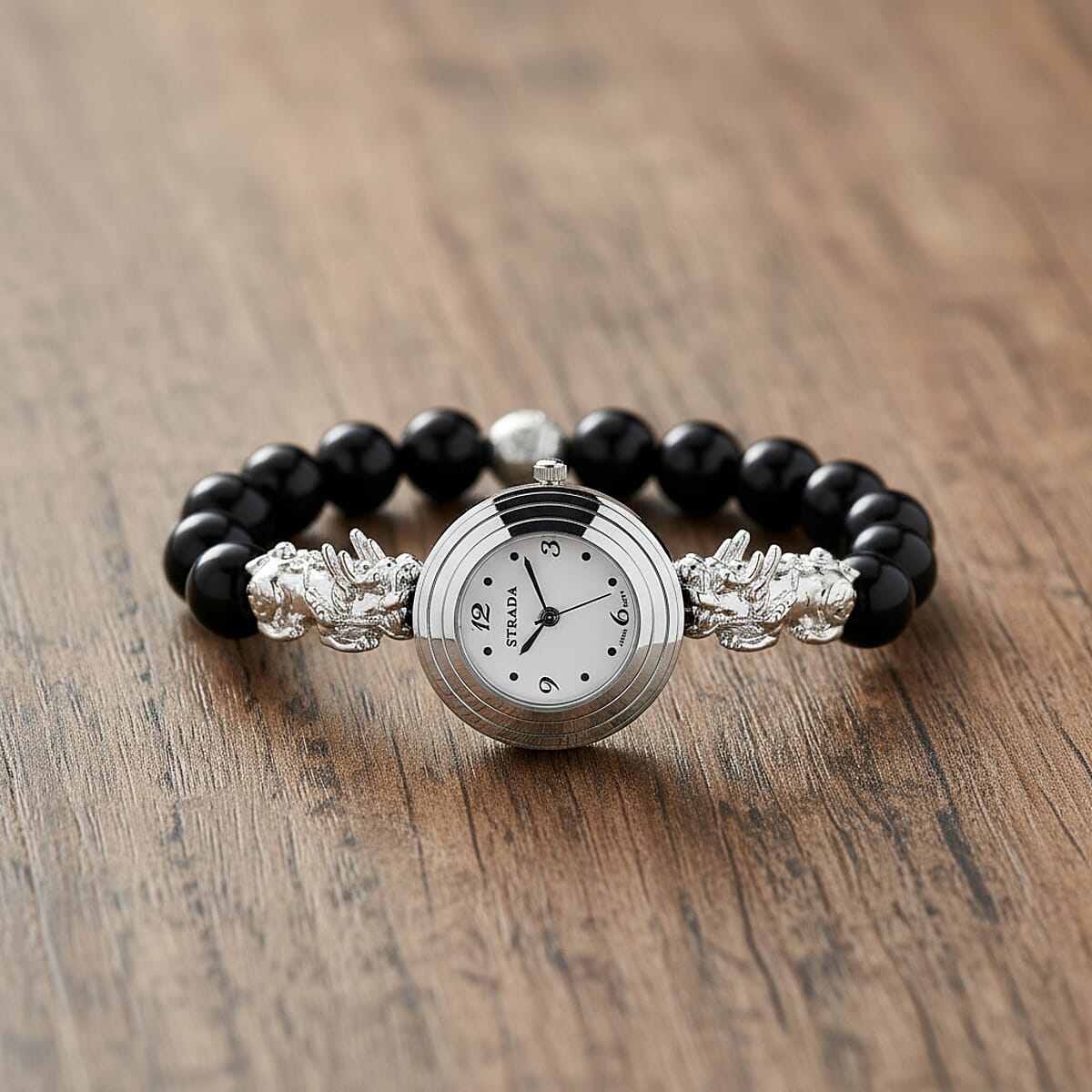 Strada Yellow Tigers Eye Japanese Movement Beaded Stretch Bracelet Watch with 2pcs Pixiu Charm (7-7.5In) in Silvertone 30.00 ctw image number 1