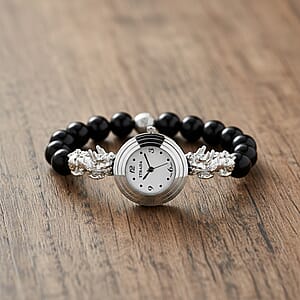 Strada Black Obsidian Japanese Movement Beaded Stretch Bracelet Watch with 2pcs Pixiu Charm (7-7.5In) in Silvertone 30.00 ctw