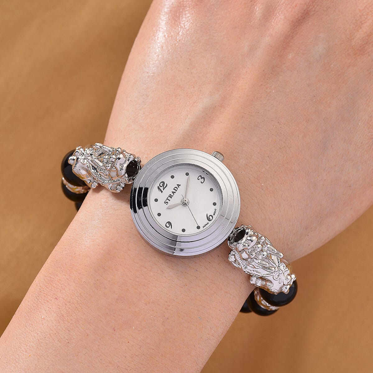 Strada Yellow Tigers Eye Japanese Movement Beaded Stretch Bracelet Watch with 2pcs Pixiu Charm (7-7.5In) in Silvertone 30.00 ctw image number 2