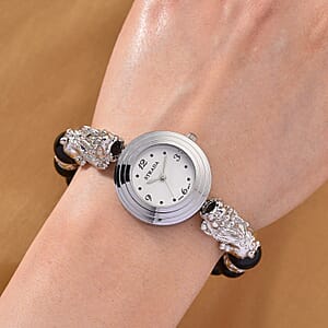 Strada Black Obsidian Japanese Movement Beaded Stretch Bracelet Watch with 2pcs Pixiu Charm (7-7.5In) in Silvertone 30.00 ctw