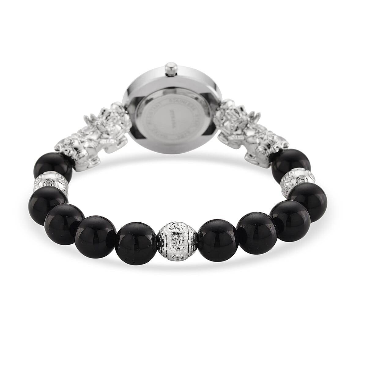 Strada Yellow Tigers Eye Japanese Movement Beaded Stretch Bracelet Watch with 2pcs Pixiu Charm (7-7.5In) in Silvertone 30.00 ctw image number 3