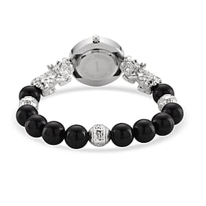 Strada Black Obsidian Japanese Movement Beaded Stretch Bracelet Watch with 2pcs Pixiu Charm (7-7.5In) in Silvertone 30.00 ctw