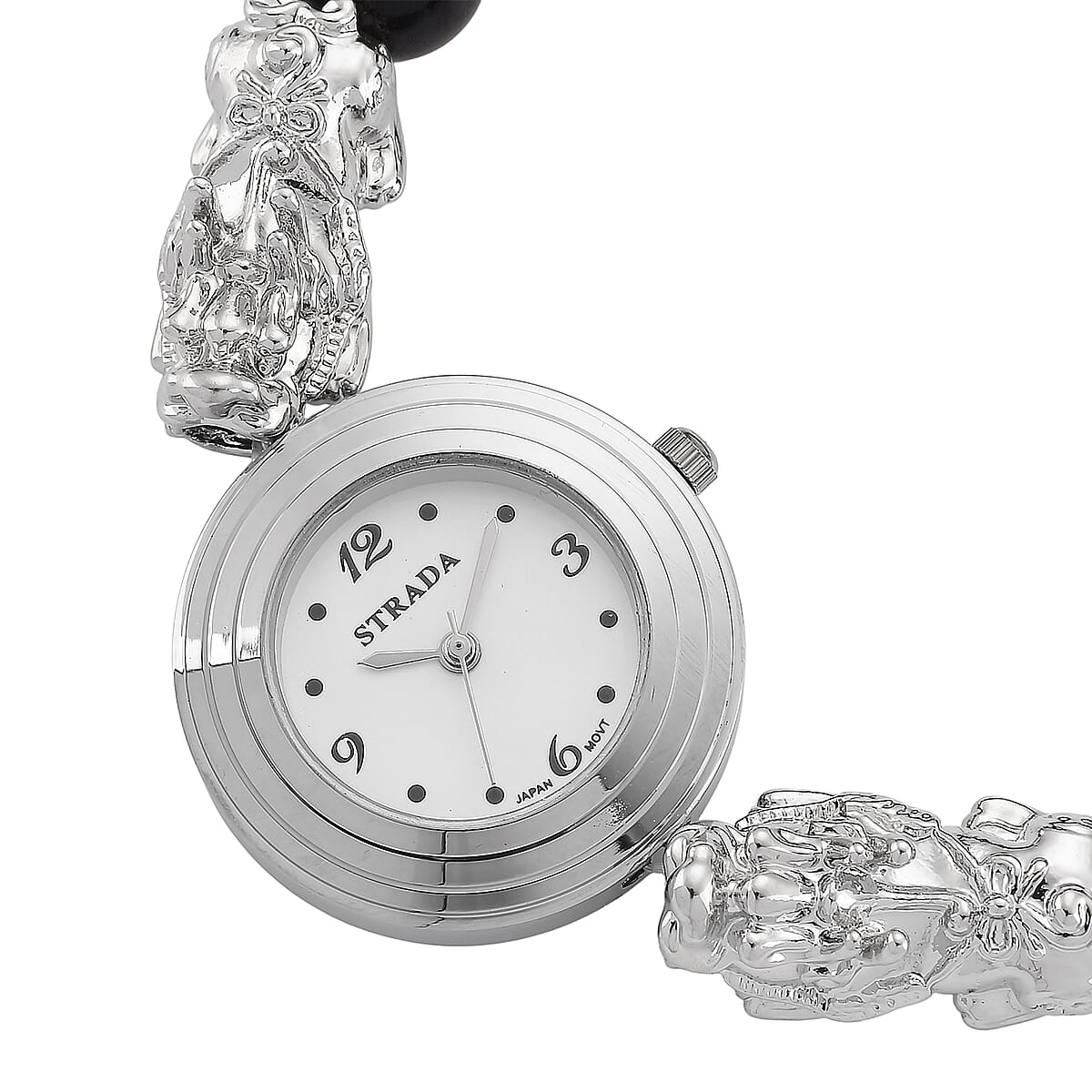 Strada Yellow Tigers Eye Japanese Movement Beaded Stretch Bracelet Watch with 2pcs Pixiu Charm (7-7.5In) in Silvertone 30.00 ctw image number 4